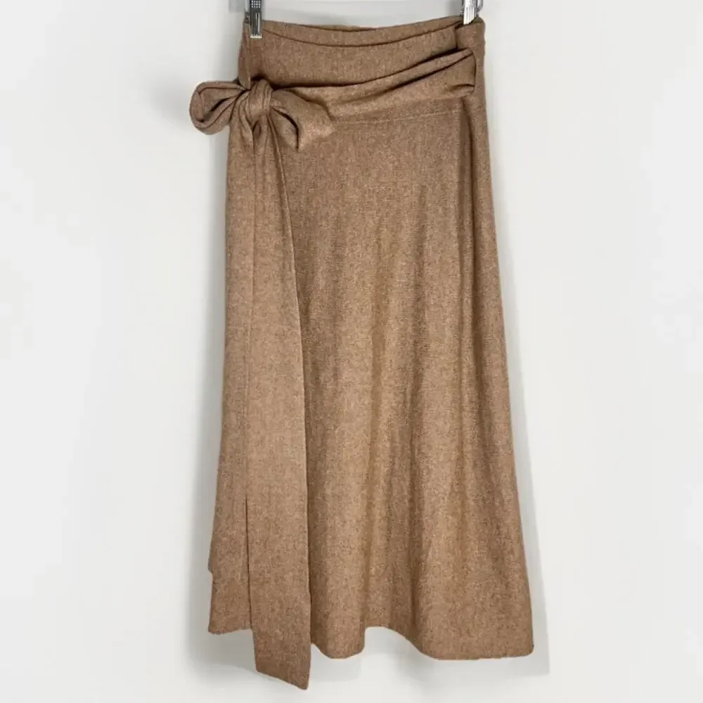 Lauren Manoogian Alpaca Yak Knit Wrap Midi Skirt Neutral Tan Sz 1/S